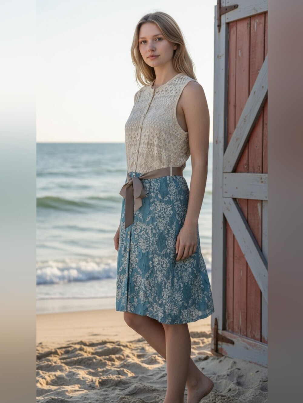 Byron Lars Cream Lace with Blue Floral Midi Dress and Taupe Waist Tie